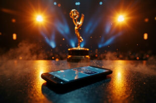 Smartphone displaying Emmy nomination congratulatory messages on dark table with golden trophy in empty awards venue