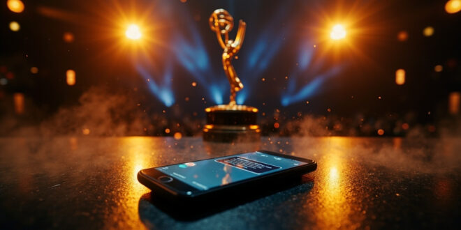Smartphone displaying Emmy nomination congratulatory messages on dark table with golden trophy in empty awards venue