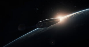 Elongated metallic spacecraft drifting through dark space with distant planets visible against the black cosmos.