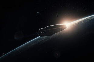 Elongated metallic spacecraft drifting through dark space with distant planets visible against the black cosmos.