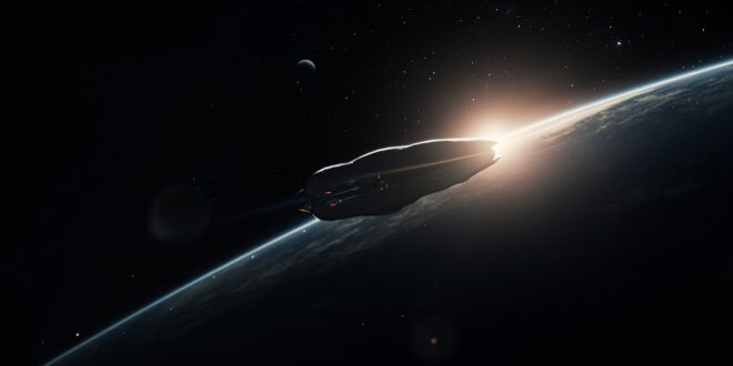 Elongated metallic spacecraft drifting through dark space with distant planets visible against the black cosmos.