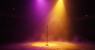 Empty spotlight illuminating a lone microphone on an abandoned theater stage at twilight, bathed in deep purple and gold