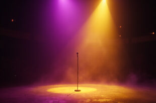 Empty spotlight illuminating a lone microphone on an abandoned theater stage at twilight, bathed in deep purple and gold