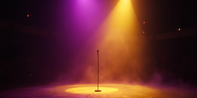 Empty spotlight illuminating a lone microphone on an abandoned theater stage at twilight, bathed in deep purple and gold