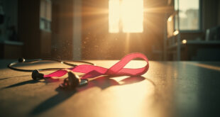 Pink breast cancer awareness ribbon and stethoscope on medical desk in sunlit hospital corridor