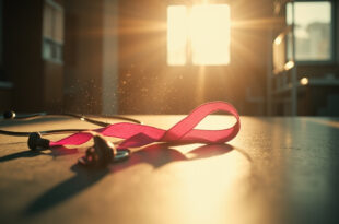 Pink breast cancer awareness ribbon and stethoscope on medical desk in sunlit hospital corridor