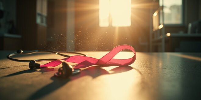 Pink breast cancer awareness ribbon and stethoscope on medical desk in sunlit hospital corridor