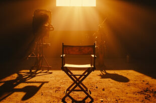 Empty director's chair and dust-covered vintage camera on abandoned film set in deserted Hollywood studio at dusk