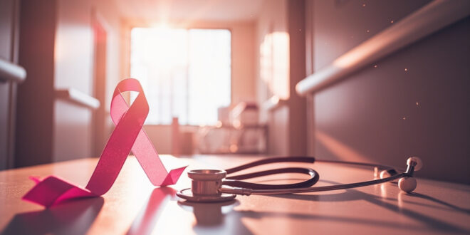 Medical stethoscope and pink awareness ribbon on consultation table in quiet, naturally lit hospital corridor