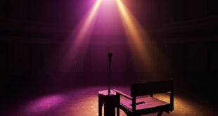 Empty spotlight illuminates vintage microphone and director's chair with folded script on abandoned theater stage at twilight