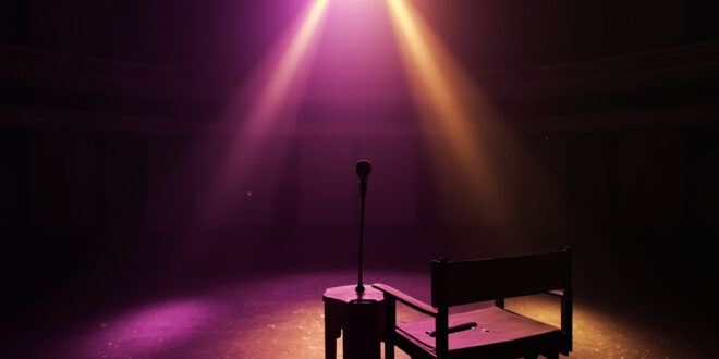 Empty spotlight illuminates vintage microphone and director's chair with folded script on abandoned theater stage at twilight