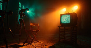 Empty director's chair and silent equipment in abandoned television studio at twilight, with static-filled vintage TV screen