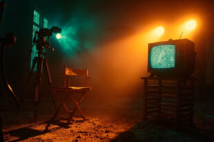 Empty director's chair and silent equipment in abandoned television studio at twilight, with static-filled vintage TV screen