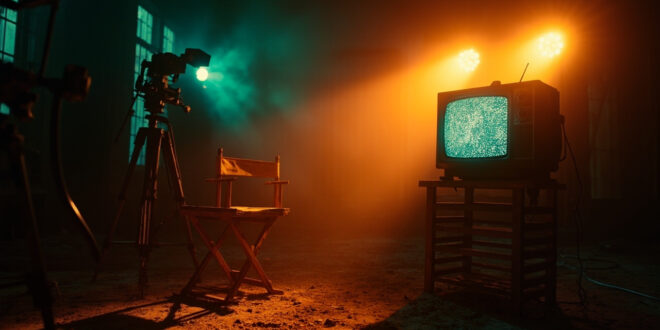 Empty director's chair and silent equipment in abandoned television studio at twilight, with static-filled vintage TV screen