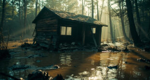 Flooded cabin with broken windows and debris submerged in receding waters at abandoned summer camp after flash flood.