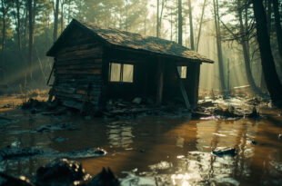 Flooded cabin with broken windows and debris submerged in receding waters at abandoned summer camp after flash flood.