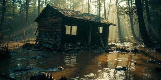 Flooded cabin with broken windows and debris submerged in receding waters at abandoned summer camp after flash flood.