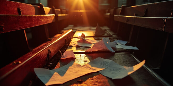 Empty parliamentary chamber at dusk with scattered voting papers and declining charts projected on walls