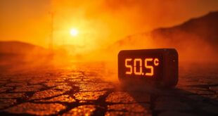 Digital thermometer showing 50.5°C on cracked asphalt under scorching sun in a sun-baked Anatolian landscape at midday