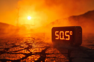Digital thermometer showing 50.5°C on cracked asphalt under scorching sun in a sun-baked Anatolian landscape at midday