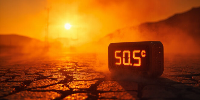 Digital thermometer showing 50.5°C on cracked asphalt under scorching sun in a sun-baked Anatolian landscape at midday