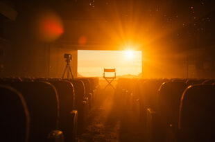 Empty director's chair and vintage camera on tripod in abandoned film studio at dusk, with dark theater seats visible