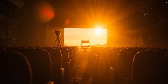 Empty director's chair and vintage camera on tripod in abandoned film studio at dusk, with dark theater seats visible