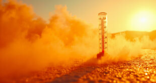 Outdoor thermometer showing 37 degrees against shimmering hot asphalt in a sun-scorched landscape during extreme heat