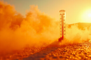 Outdoor thermometer showing 37 degrees against shimmering hot asphalt in a sun-scorched landscape during extreme heat