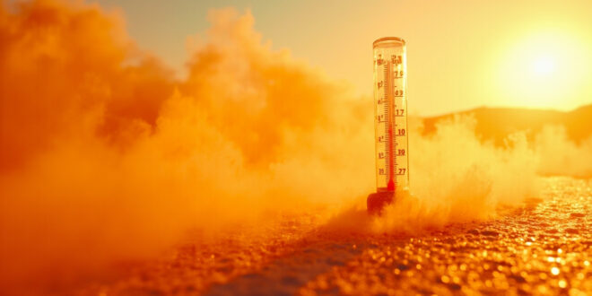 Outdoor thermometer showing 37 degrees against shimmering hot asphalt in a sun-scorched landscape during extreme heat