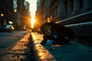 Empty police badge and abandoned hat on memorial steps in deserted Manhattan street at dusk, bathed in blue light