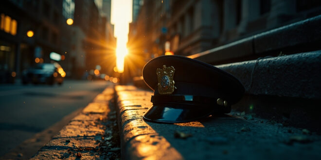 Empty police badge and abandoned hat on memorial steps in deserted Manhattan street at dusk, bathed in blue light