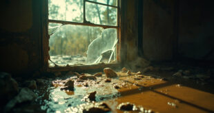 Interior of abandoned home damaged by flash flood, showing broken window frame with receding muddy water and shattered glass.