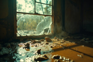 Interior of abandoned home damaged by flash flood, showing broken window frame with receding muddy water and shattered glass.