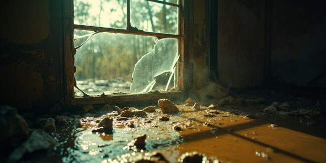 Interior of abandoned home damaged by flash flood, showing broken window frame with receding muddy water and shattered glass.