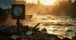 Damaged flood warning gauge surrounded by debris in a flooded camp area with rushing water and damaged buildings