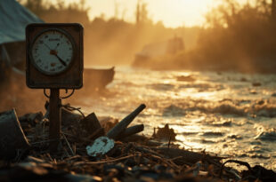Damaged flood warning gauge surrounded by debris in a flooded camp area with rushing water and damaged buildings