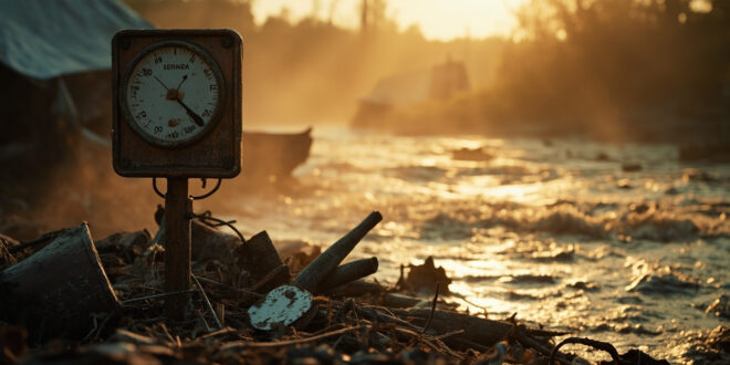 Damaged flood warning gauge surrounded by debris in a flooded camp area with rushing water and damaged buildings