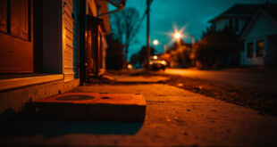 Abandoned pizza delivery box sitting on a doorstep in a quiet residential neighborhood at evening