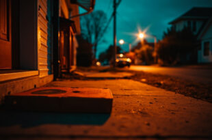 Abandoned pizza delivery box sitting on a doorstep in a quiet residential neighborhood at evening