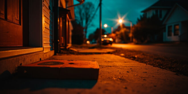 Abandoned pizza delivery box sitting on a doorstep in a quiet residential neighborhood at evening