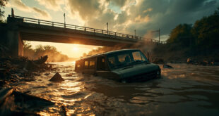 Abandoned van partially submerged in muddy floodwaters near damaged bridge at dawn during devastating Texas floods