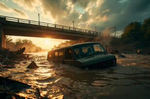Abandoned van partially submerged in muddy floodwaters near damaged bridge at dawn during devastating Texas floods