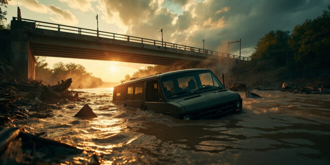 Abandoned van partially submerged in muddy floodwaters near damaged bridge at dawn during devastating Texas floods