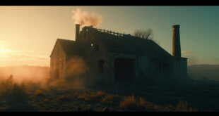 Abandoned crematorium with cold chimney stack silhouetted against dusk sky in desolate border landscape