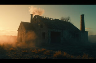 Abandoned crematorium with cold chimney stack silhouetted against dusk sky in desolate border landscape