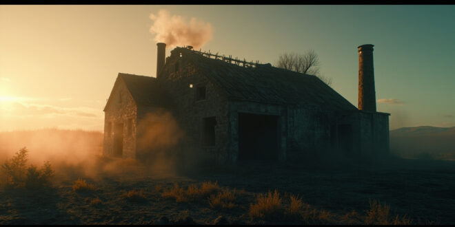Abandoned crematorium with cold chimney stack silhouetted against dusk sky in desolate border landscape