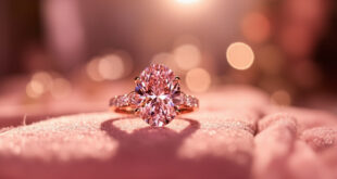 Luxury pink diamond engagement ring displayed on velvet cushion with rose gold accents in elegant jewelry setting