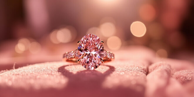 Luxury pink diamond engagement ring displayed on velvet cushion with rose gold accents in elegant jewelry setting
