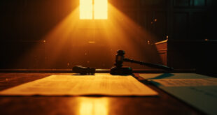 Empty judge's bench with gavel and scattered legal documents in a deserted courthouse after bail denial verdict